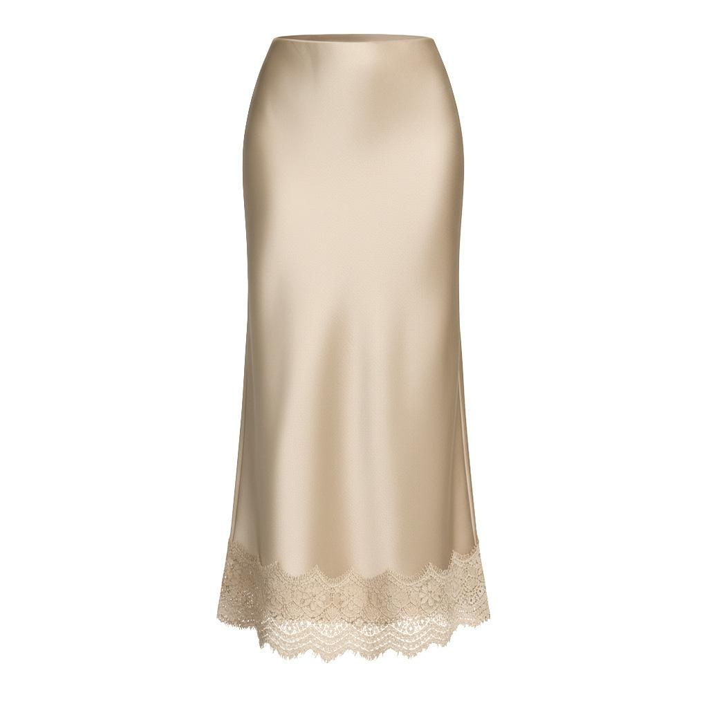 Women's Midi Skirt with Lace Hem Beige Straight Cut Satin Feel Casual Skirt