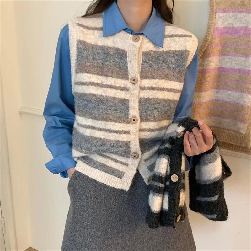 

Spring/Autumn Color Contrast Stripe Outer Knitted Vest Female Style Casual Sweater Vest S бежевий
