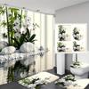 4Pcs White Orchid And Shower Curtain Set with Non-Slip Bath Mat, Toilet Lid Cover, Contour Rug & 12 Hooks, Bathroom Decor