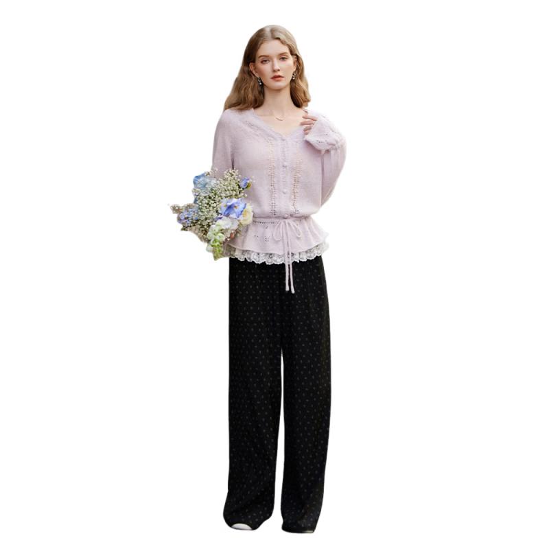 French V-Neck Knit Cardigan with Lace Detail S