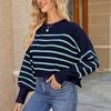 Women's Loose Short Pullover Sweater Stripe Long Sleeve Round Neck Knitted Top