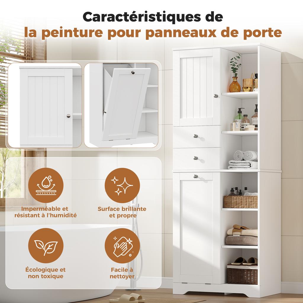 60×37×171 cm, Tall Bathroom Cabinet, MDF, 2 Drawers, Laundry Basket with Flap, Adjustable Shelves, Soft-Close Hinges, Tip-Over Protection, White.