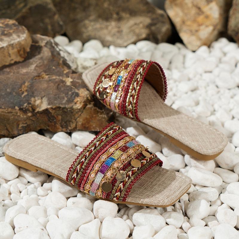 Summer New Large Size One-word Cool Slippers Flat-bottomed Fish Sequins Candy-colored Women's Slippers