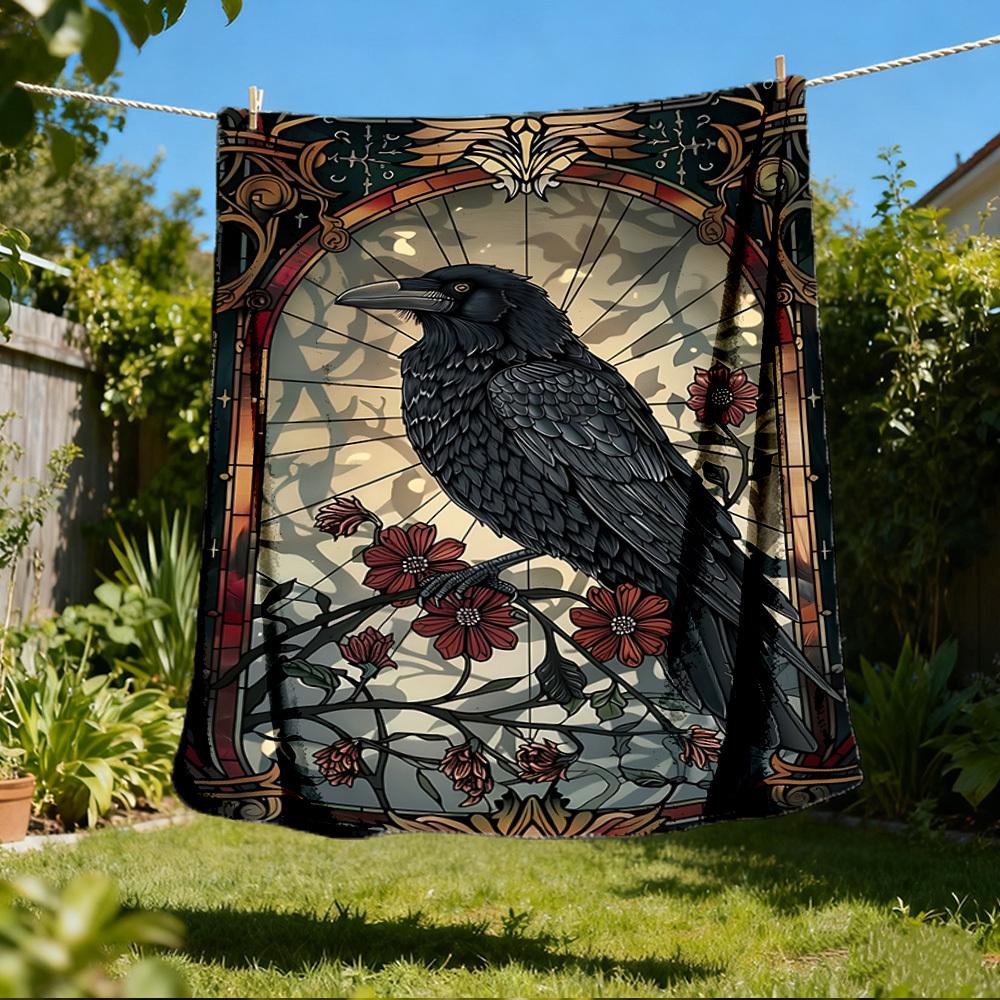 1pc Stained Glass Raven Throw Blanket Polyester Fiber, Lightweight Flannel, Soft & Warm, All Season Use for Outdoor, Camping Digital Print