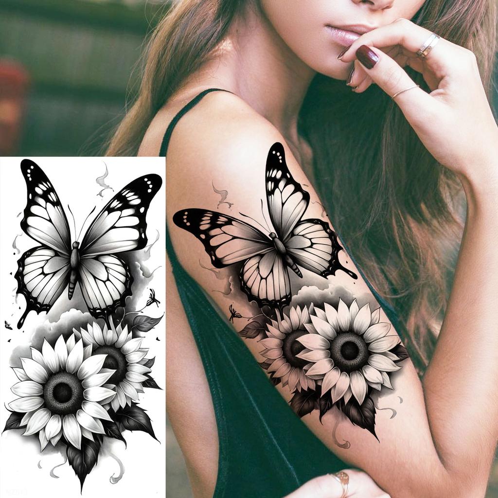 1 Sheet Realistic Butterfly Snake Flowers Temporary Tattoos Waterproof Long Lasting 3D Temp Fake Tattoo Sticker For Women Girls