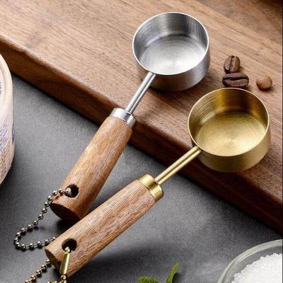 1PC 15ml Stainless Steel Measure Spoon With Wood Handle Hangable Measuring Cup Rustproof Flat Bottom Kitchen Measure Tools