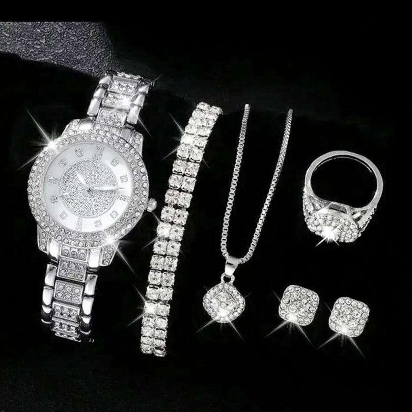 6 Pcs/Set Women's Watches, Luxury Rhinestone Quartz Watch, Roman Fashion Analog Watch and Jewelry Set, Gift for Mom and Her