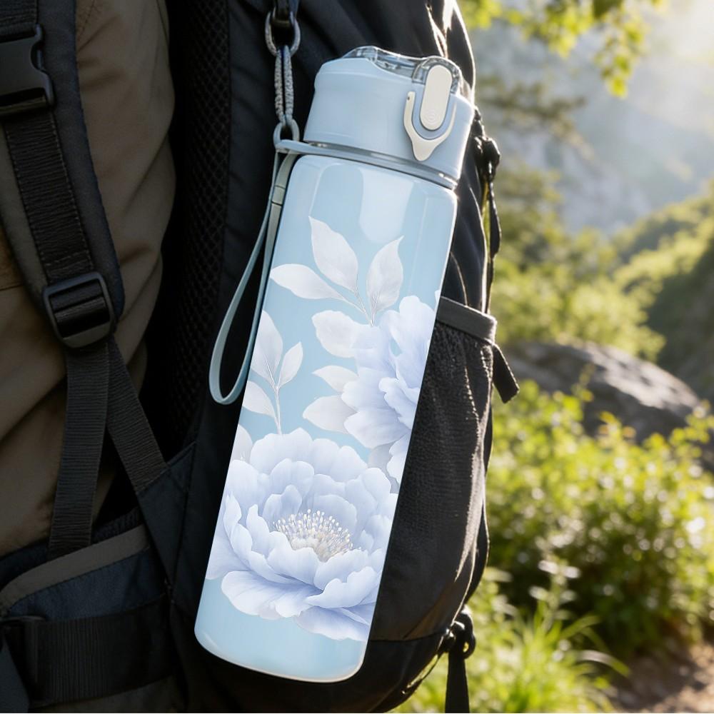 1PC White Rose Soft Floral Art Print 750ml Color Plastic Sports Water Bottle Leakproof Flip Straw Lid Suitable for Sports Office Home Use