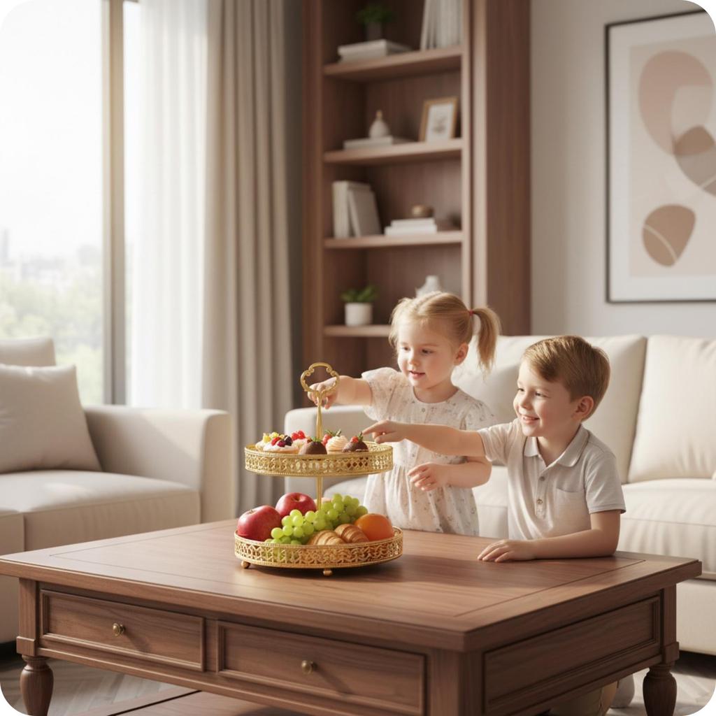 Double Layer Fruit Tray Colored 2 Tier Decorative Leaf Pattern Dessert Stand for