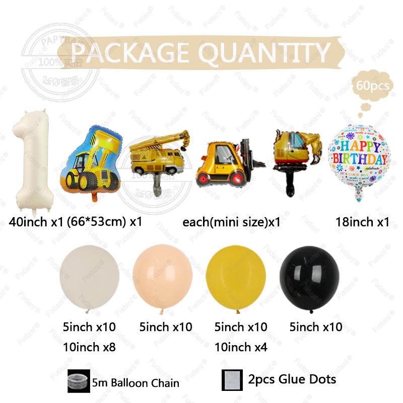 60pcs Construction Vehicle Balloon Cream White Number Birthday Balloon Set Architecture Theme Party Decoration Festival Supplies