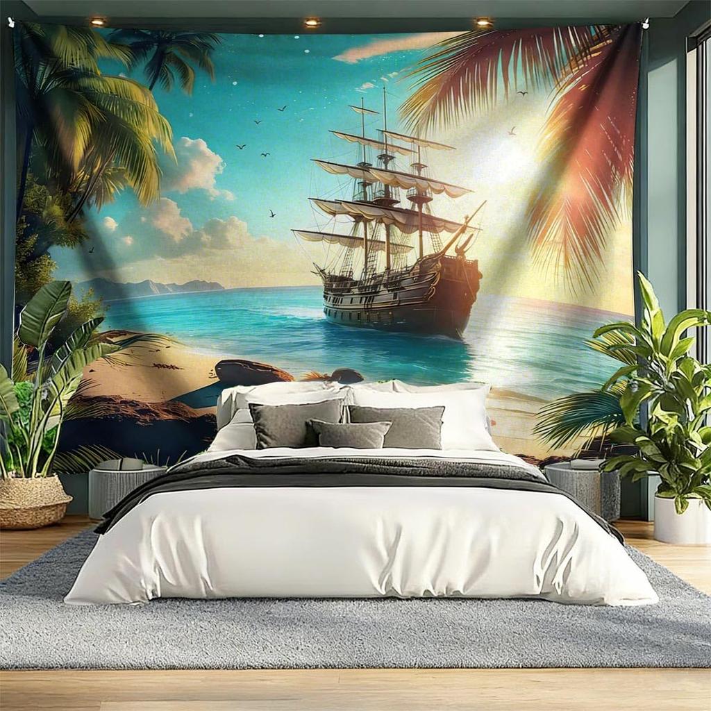 Nautischer Wandteppich Vintage Geistersegelboot Wandkunst Fantasie Meeresstrand Szenerie Nautisches Piratenschiff Welle Segeln Wandbehang