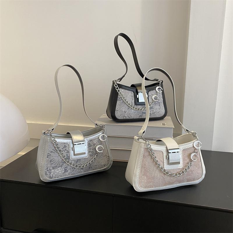 Casual Hundred Girls Chain Bag Fashion Embossed Girls Underarm Small Square Bag Korean Splicing Ladies Handbag Baguette PU Mater