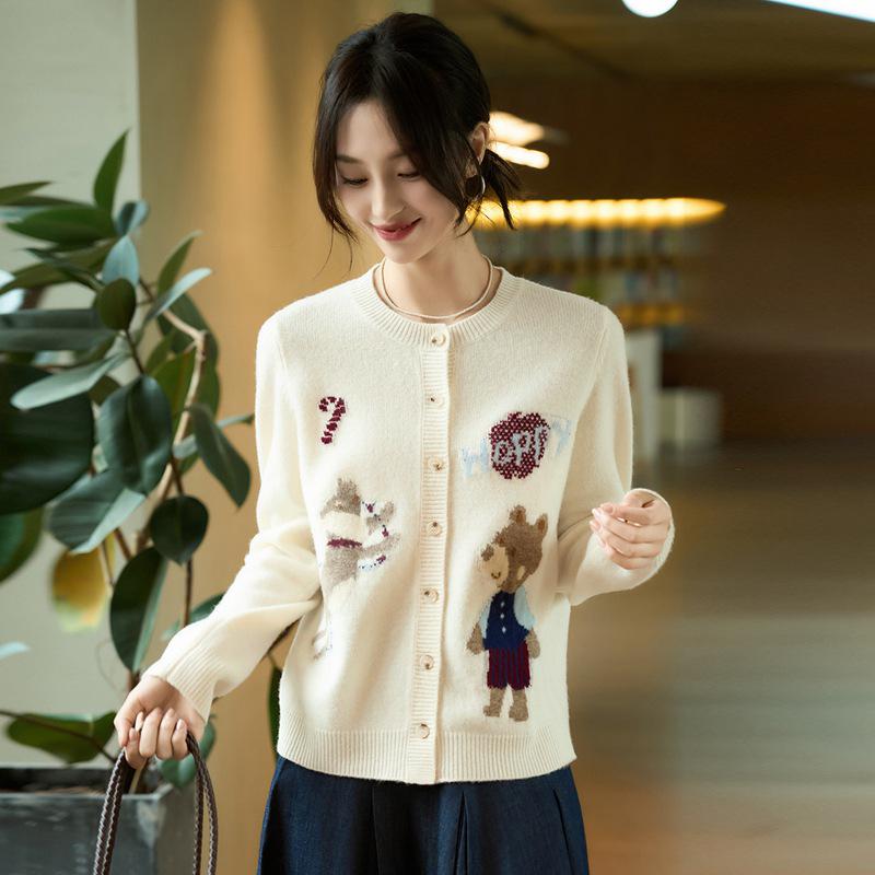 Women's High-End Embroidered Knitted Wool Cardigan, Long Sleeve Loose Fit Sweater Coat for Autumn and Winter