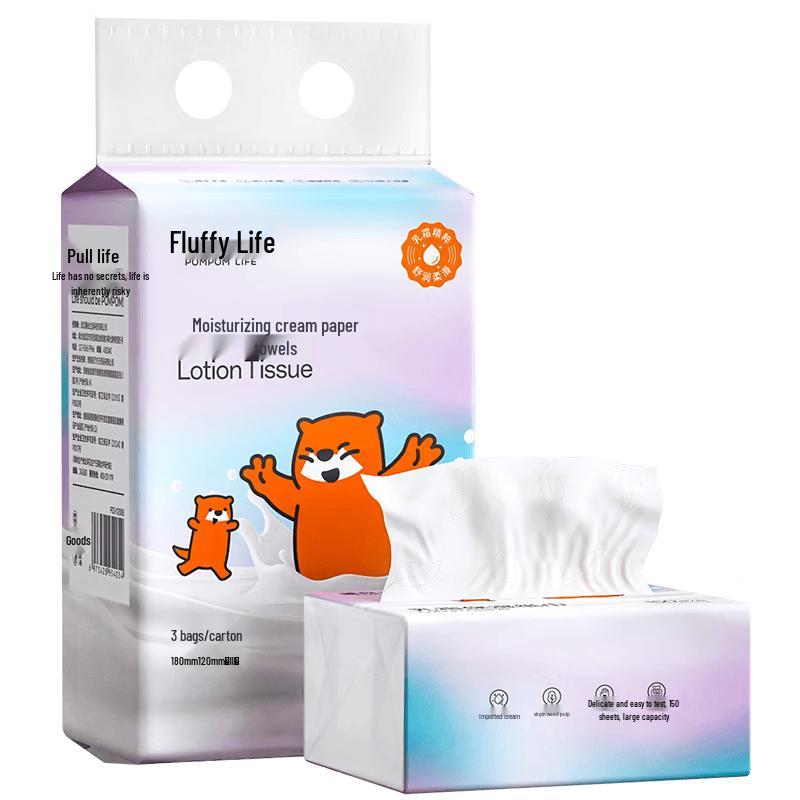 Fluffy Life Cream Moisturizing Tissues, 3-ply, 150 pulls x 3 packs