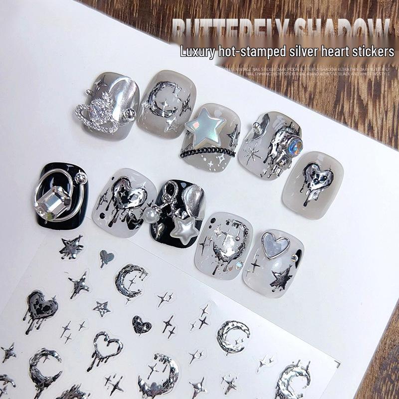 

2023 3D Hot Stamping Nail Stickers - Heart, Moon, Star Dark Style