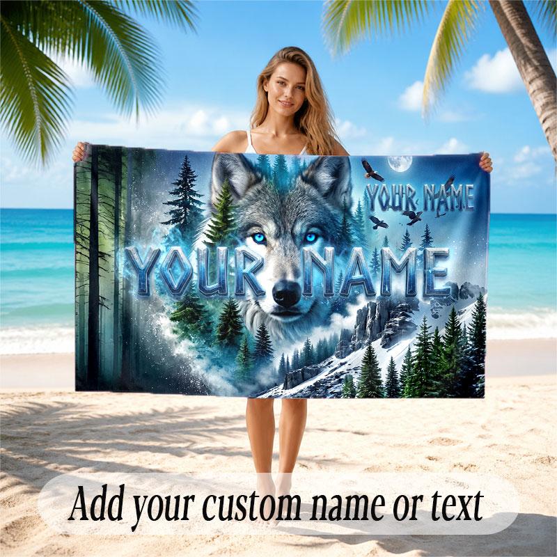 Wolf Theme Beach Towel Personalized Custom Name & Text Soft Quick Dry Beach Towel for Swimming Travel