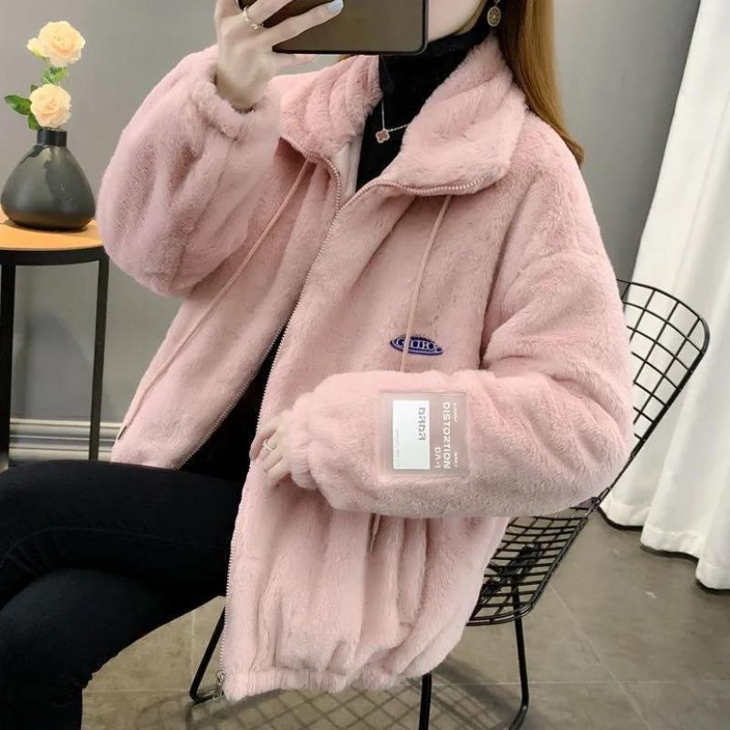 IHUASU Women's Coat Imitation Lamb Wool Coat Padded and Thickened Small Perfume Short Small Cotton Jacket Cotton Clothing