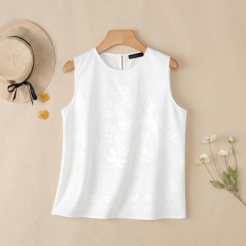 ZANZEA Women Print Casual Round Neck Loose Sleeveless Tank Tops S белый