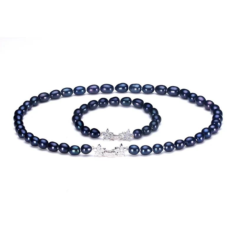 Natural Black Pearl Jewelry Sets For Women,Fashion Jewelry Dangle Earrings&Bracelet&Necklace,Rice Shape 8-9mm Pearl Star Zircon