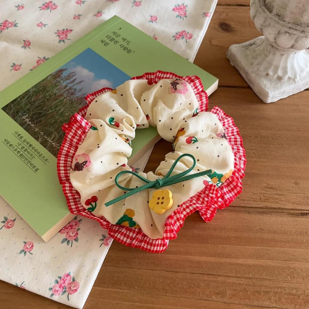 Cherry Bear Mori-Style Red Hair Tie with Flower Button and Lace Edge