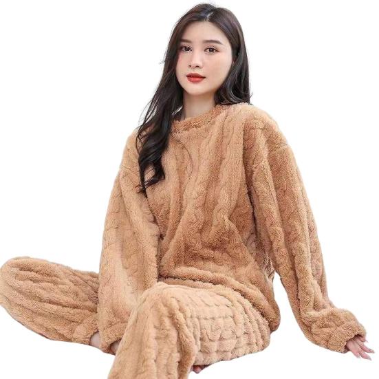 2 Pcs/Set Unisex Winter Pajamas Set Round Neck Solid Color Thickened Coral