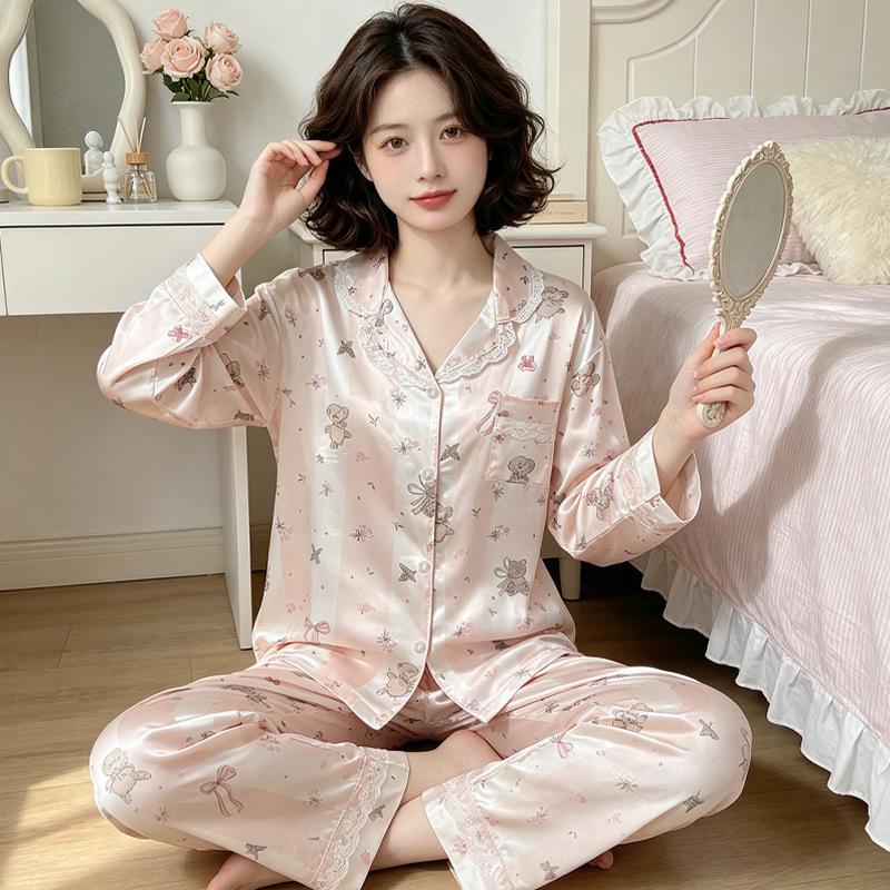 Sweet and high-value butterfly print ice silk pajamas women's ins loungewear long-sleeved trousers two-piece set