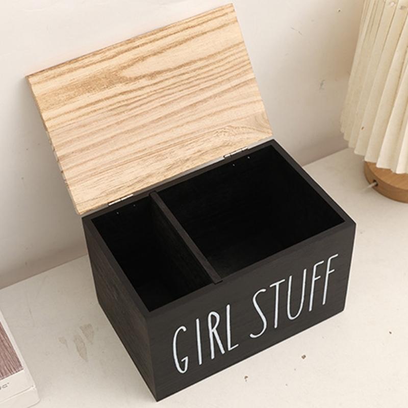 Storage Bin with Lid and Wood-Look Top, Rectangular Covered Storage Case for Tabletop Home Storage and Shelf Order