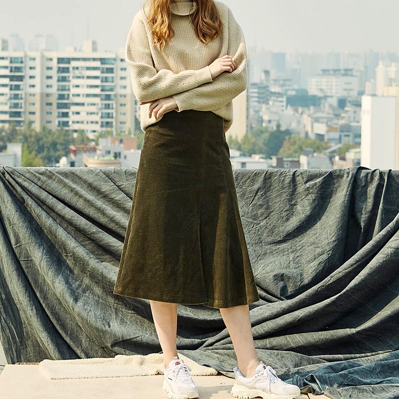 Pin Black Asymmetrical Corduroy Skirt Khaki