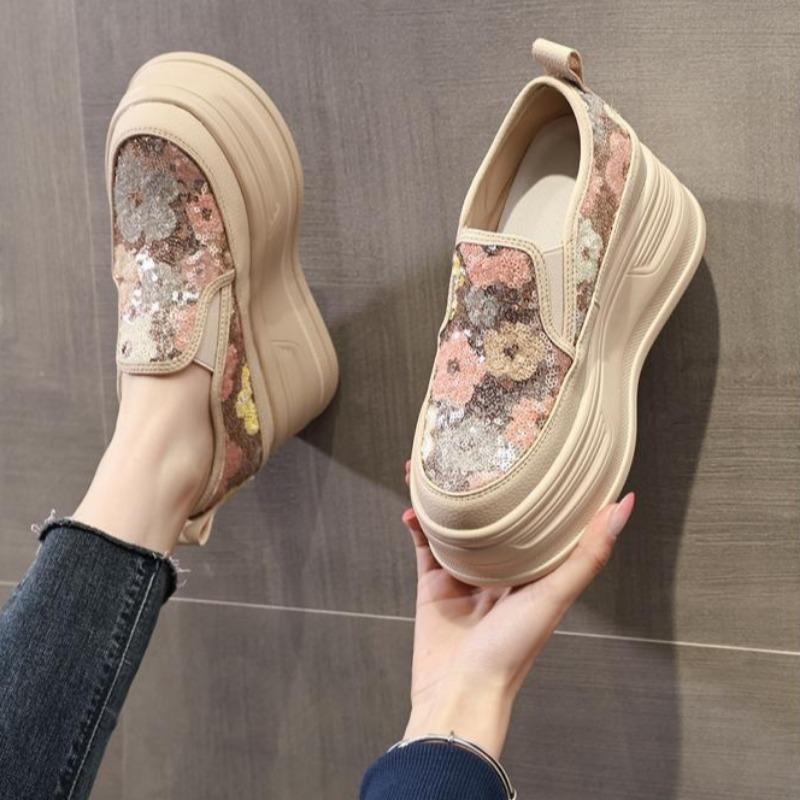 Fashion Ladies Footwear High on Platform Round Toe Slip Sequins Women's Shoes Sale Korean Offer Comfortable and Elegant Vulcanized Shoe