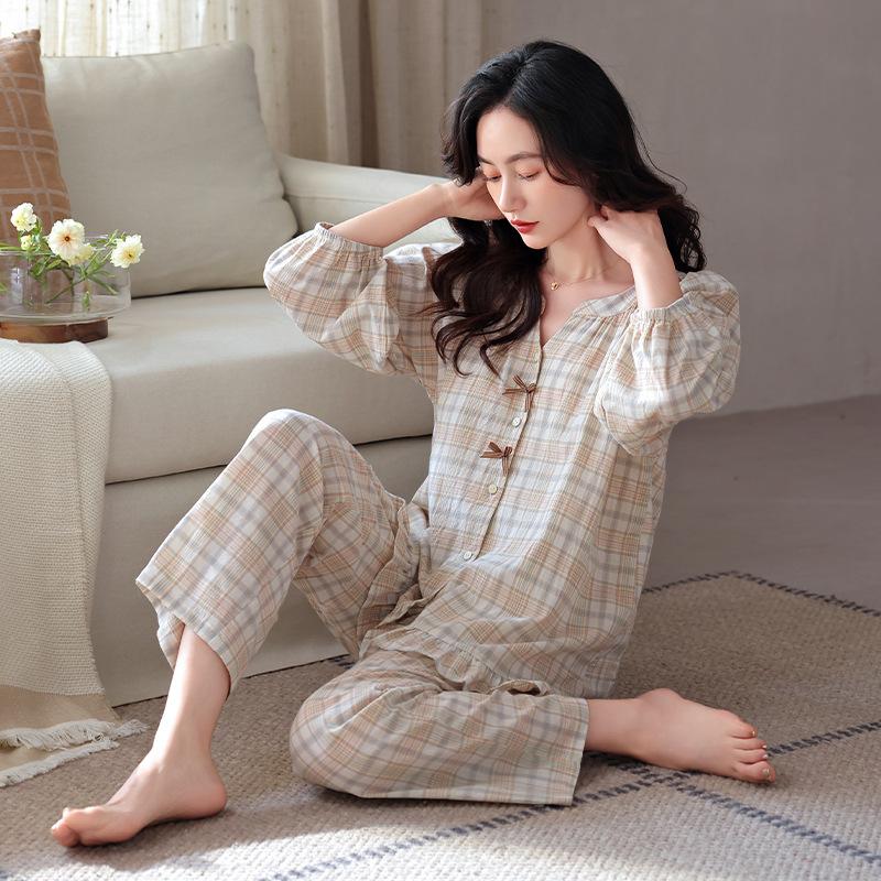 Woven cotton gauze pajamas women's summer pure cotton seven-quarter sleeves spring and summer cotton thin large-size summer loungewear set