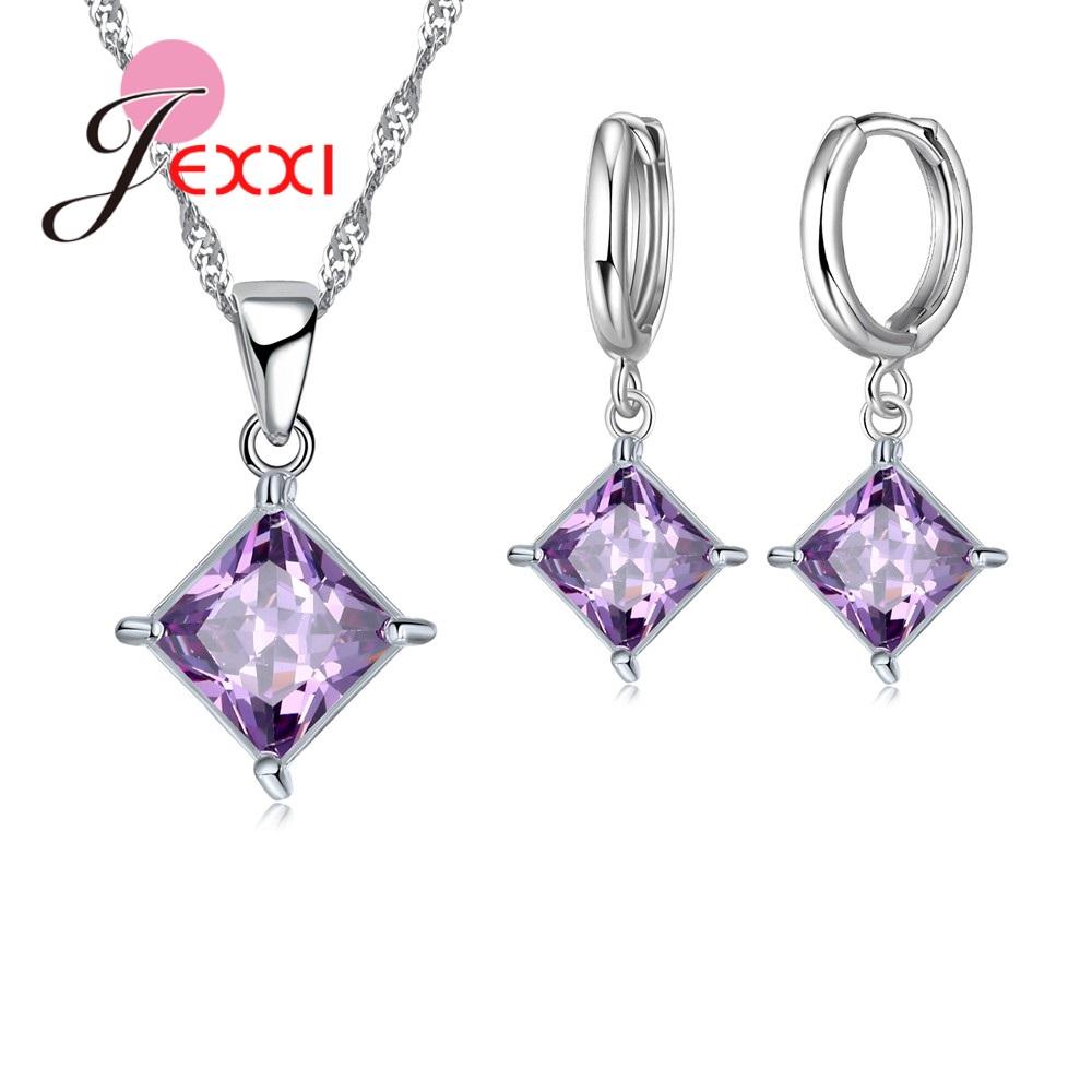 Exquisite Beautiful Colorful Square Crystal Girlfriend Gift Engagement Jewelry 925 Sterling Silver for Fashion Women