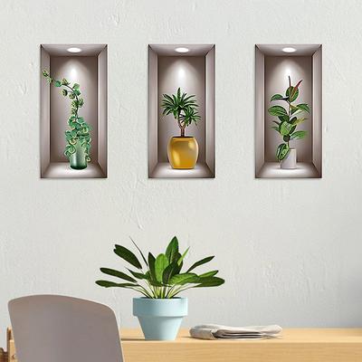 Adesivi murali 3D, Pianta verde in vaso Finestre finte Soggiorno Portico Stanza Decorazione parete di fondo Adesivi murali autoadesivi