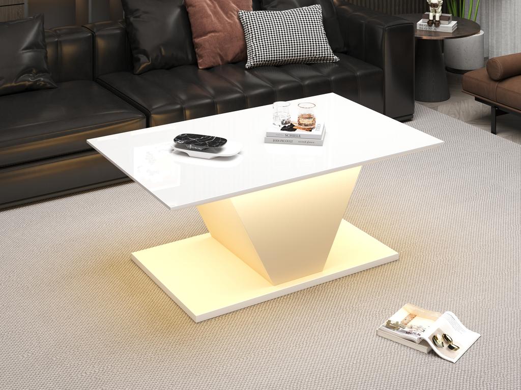 100*50*46cm Coffee Table Special Shape with LED Lights, High-Gloss Living Room Table, Sofa Table, Side Table, for Small Rooms, White, V-Shape