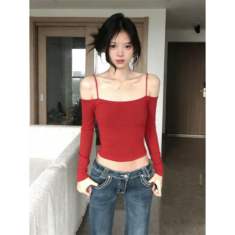 Красная футболка с длинным рукавом и открытыми плечами для женщин - Рождественская и Новогодняя версия 2026 S