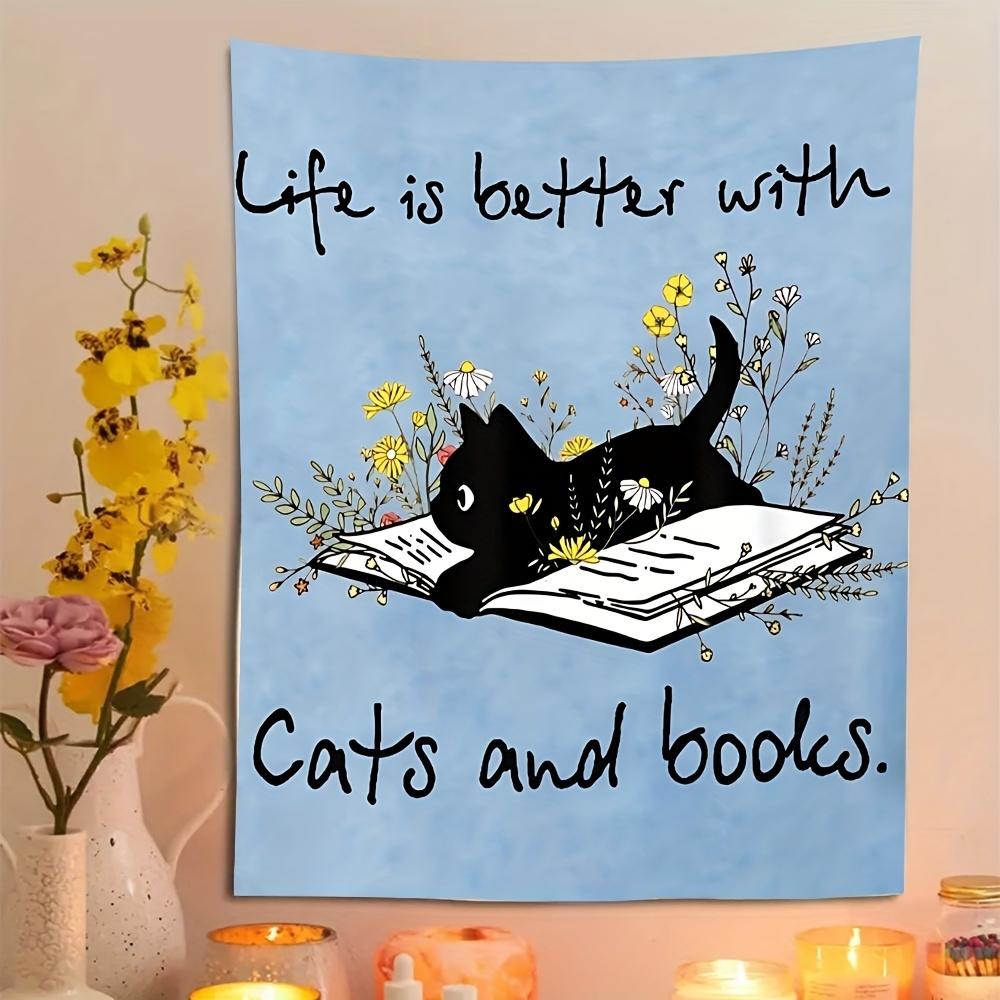 

Life is Better with Cats and Books Cute Cat Book Lover Tapestry Perfect for Cozy Unique Charming Home Decor 74x94cm(29x37in)