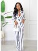 Women's Striped Printed Long-Sleeve Shirt Suit - Two-Piece Set