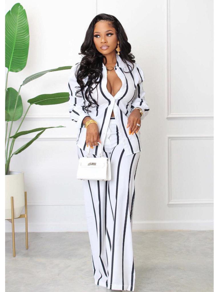 Women's Striped Printed Long-Sleeve Shirt Suit - Two-Piece Set