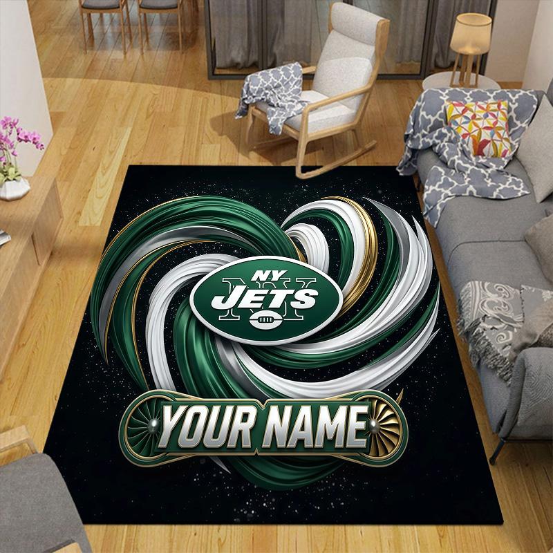 Custom Name New York Jets Flannel Pattern Square Carpet,Area Rug,Carpet Rug for Living Room Bedroom Sofa Playroom Decor,Non-slip Floor Mat