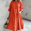 V-neck Half Sleeved Cotton Linen Medium To Long Dresses Loose Fit Three Button Pocket Women's Dresses