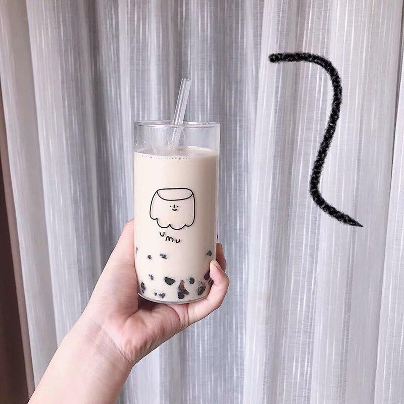 Ins Korean Style Cartoon Glass Cup With Straw Transparent Coffee Milk Tea Mug Water With Straw