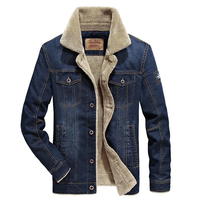 Men's Plus Size American Style Denim Jacket with Velvet Lining - Autumn/Winter, Loose Fit, Multi-Pocket, 7X