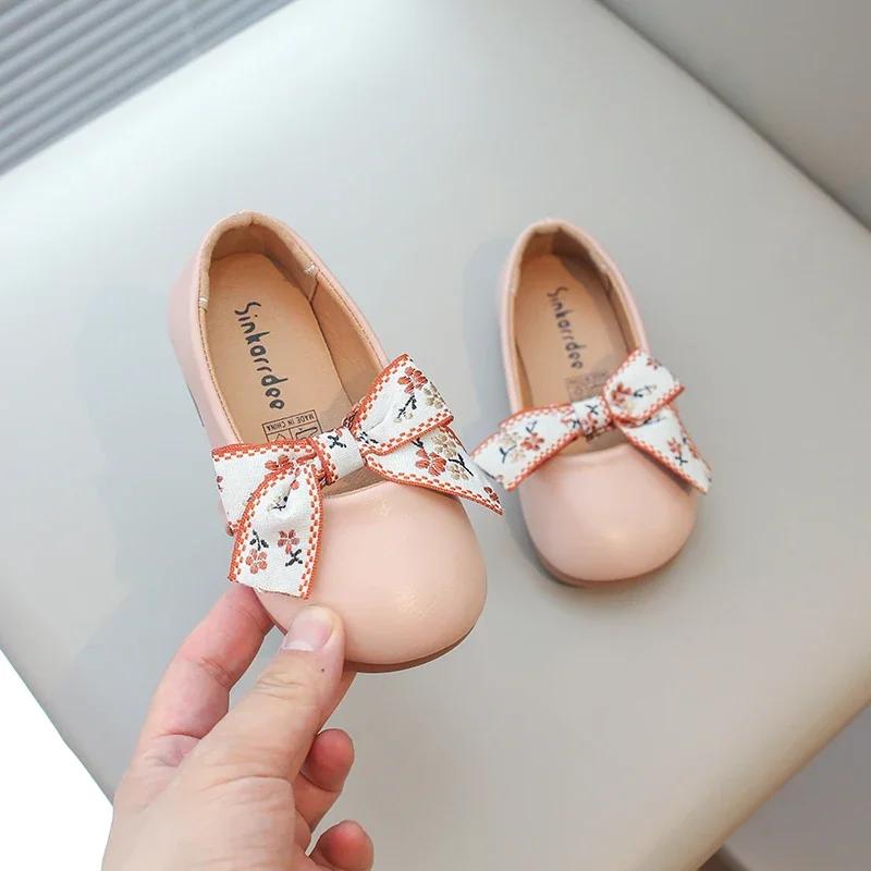 Girls Leather Shoes Soft PU Leather Kids Flats Slip-on Loafers with Ribbon Bow-knot Princess Sweet Simple Classic Size 21-34 New