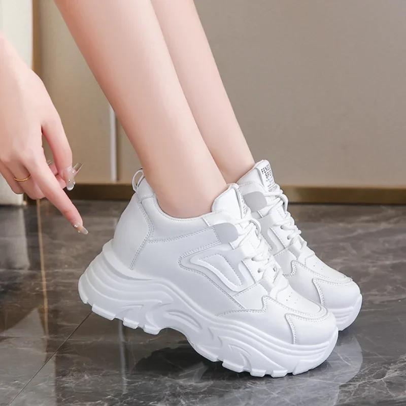 Fashion White Platform Women's Sneakers 2025 Autumn Lace-Up Thick Bottom Sports Shoes Woman Pu Leather Breathable Walking Shoes Female
