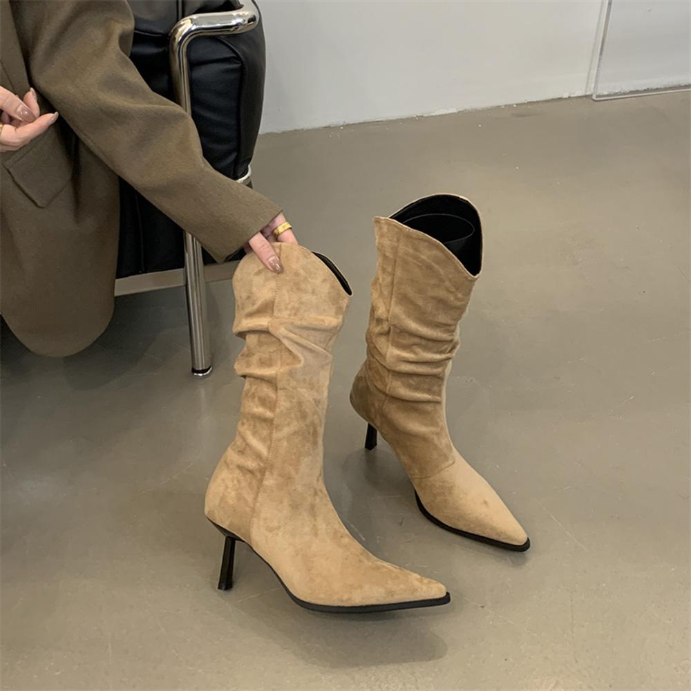 Fashion Pointed Toe Women Mid Calf Boots Chelsea Botas Thin High Heels 2024 New Arrivals Black Beige Brown Party Pumps Shoes Woman 35-39