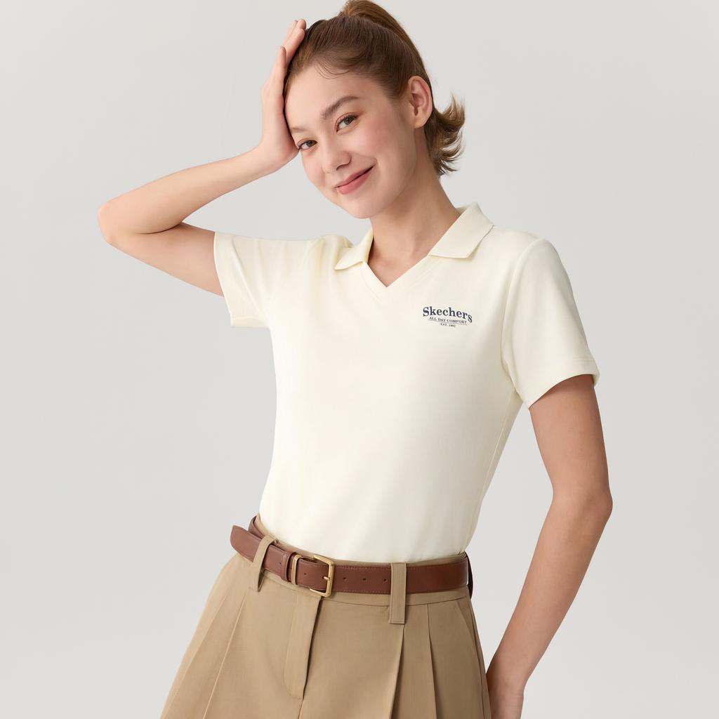 Skechers Solid Color V-Neck Short Sleeve Polo Shirt Women Tops L226W141-0074