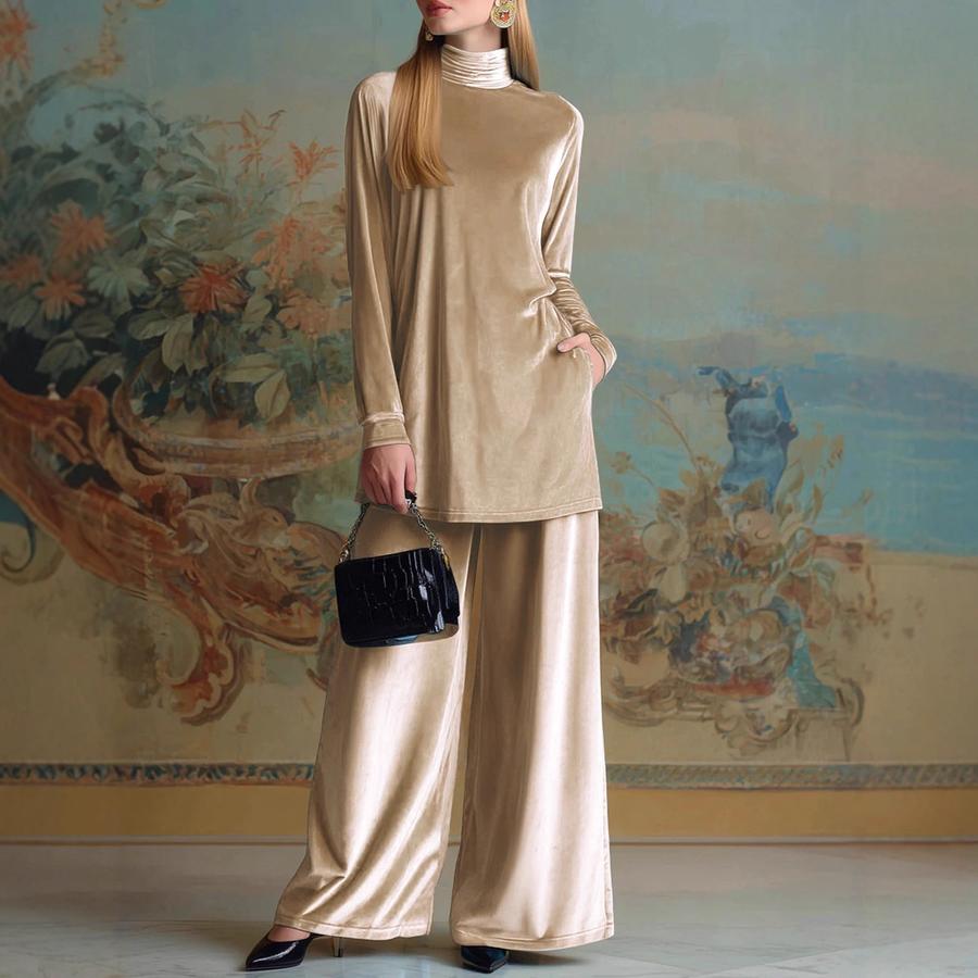 Fall Winter Chunky Velvet Loose Fit High Neck Ripped Hem Top Wide Leg Pants Set