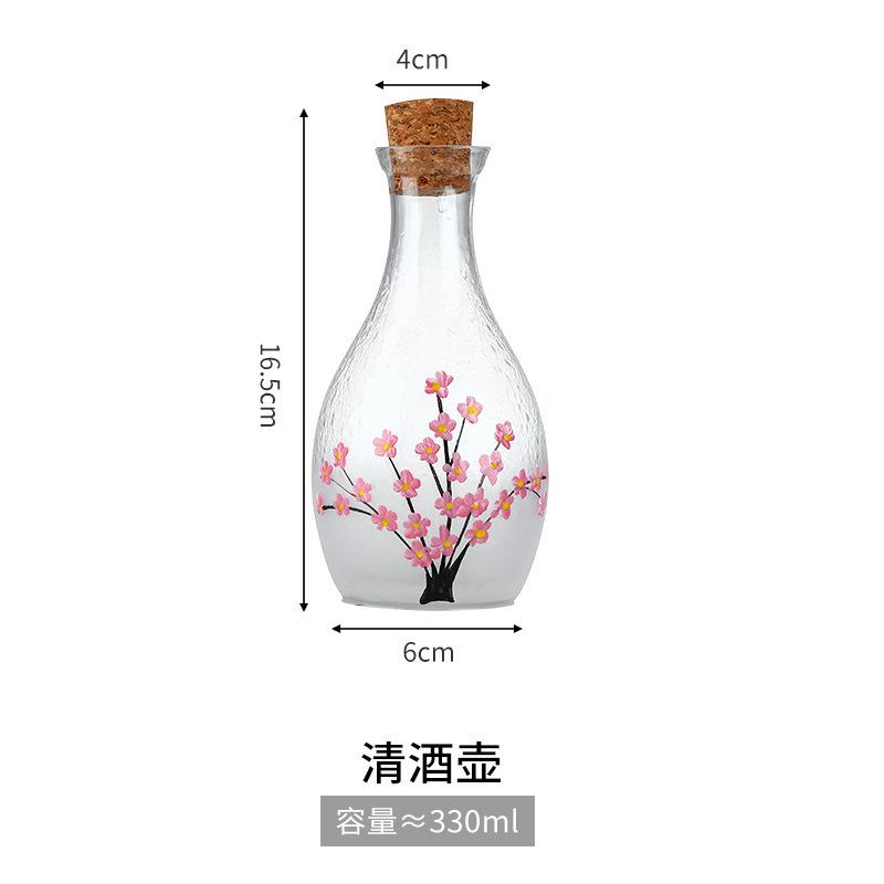 Sada na saké Sakura v japonském stylu, láhev na víno, šálky, ručně malovaný design, vintage saké, průhledné sklo, párty sada na víno, pohár na vodu