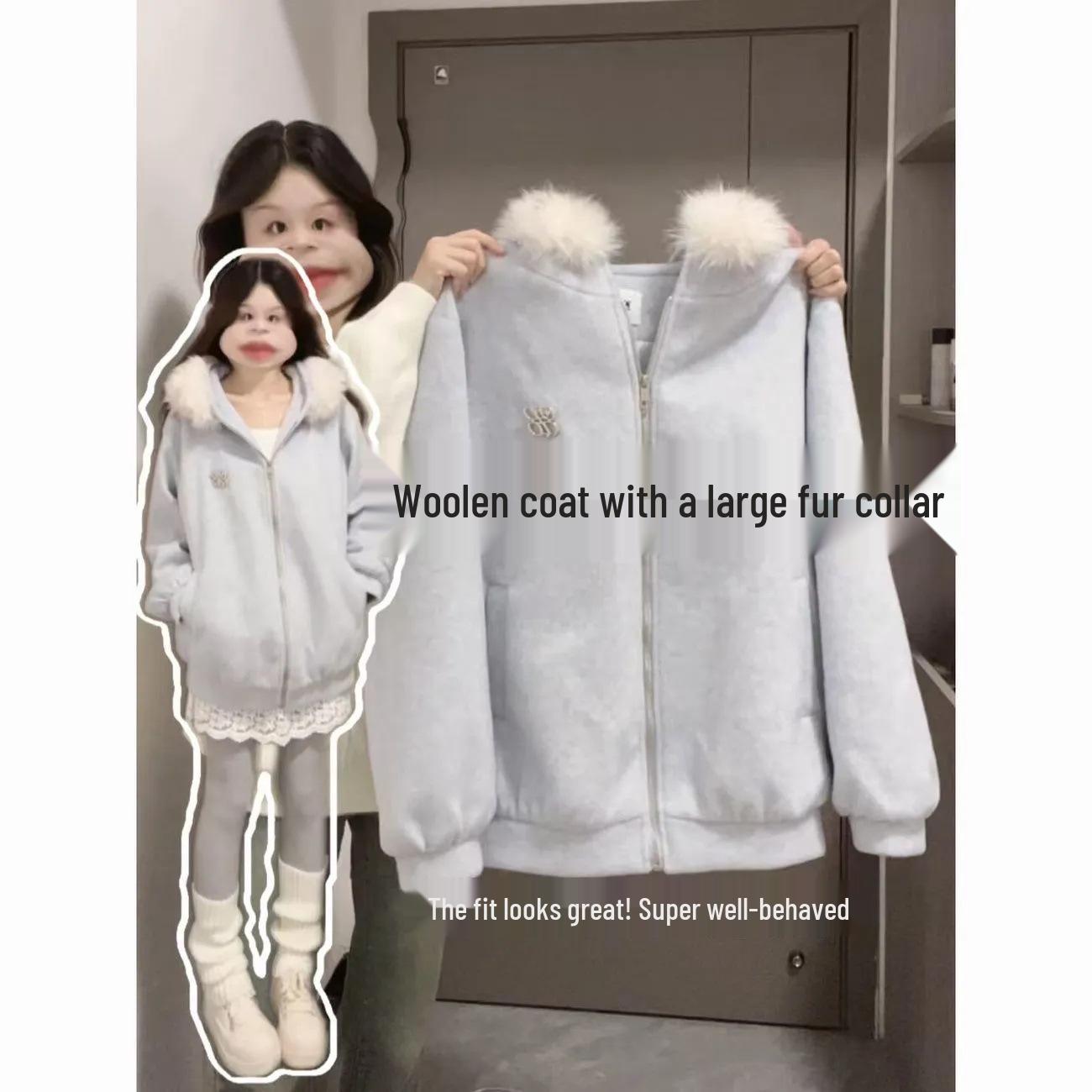 

Original Woolen Fabric: Korean-Style Thick Hooded Fur Collar Wool Coat in Noble Blue for Women Small синий