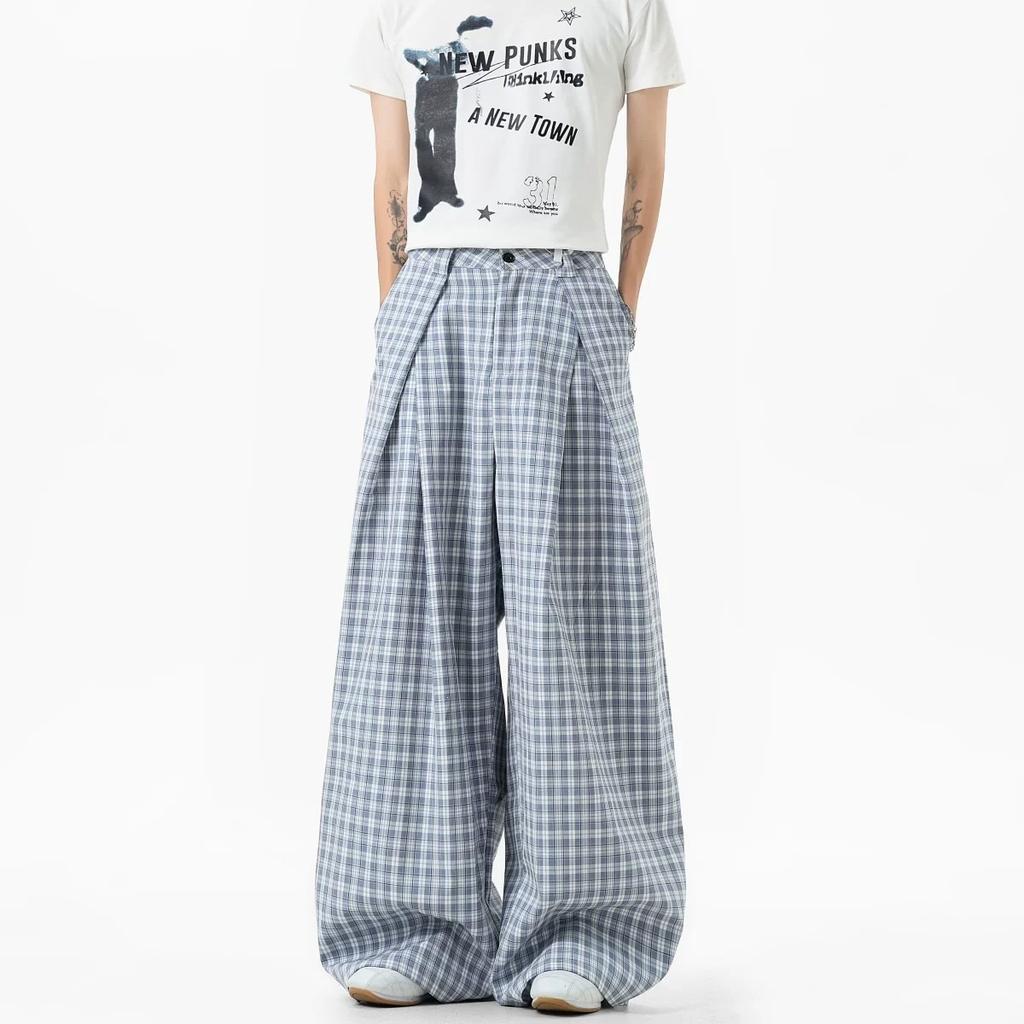 American light blue plaid pants men's and women's summer retro lazy wind pleated casual pants trendy brand relaxed wide-leg trousers