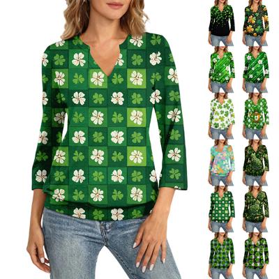 Damen 3/4-Arm Oberteil mit Bündchensaum, V-Ausschnitt, Sommer Freizeit-T-Shirt, St. Bedrucktes Oberteil zum St. Patrick's Day